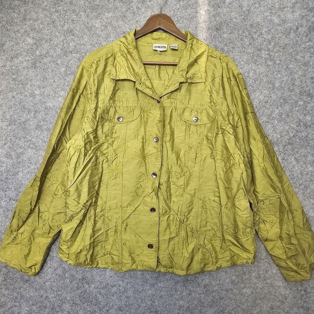 Chicos Light Jacket 3 XL Lime Green Silk Embroidered Button Up Oversized
